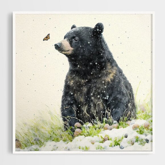 Black Bear with Butterfly Watercolor Oil‎ Painting Print - Picture 2 of 5